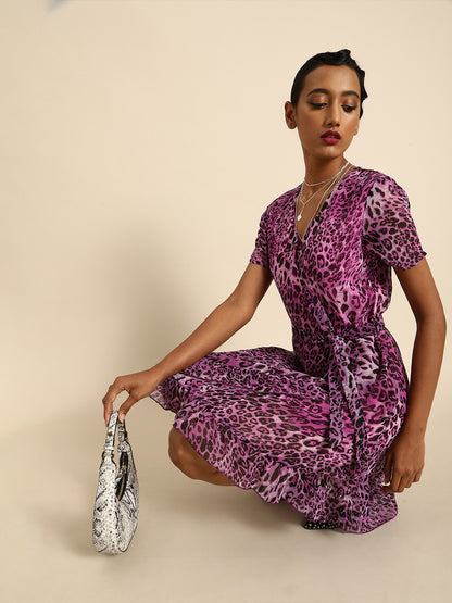 Purple Leopard Print Wrap Dress for Women with Ruffle Hem and V-Neck