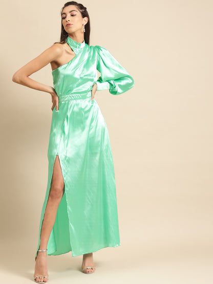 Women Mint Green One Shoulder Satin Maxi Dress With Slit