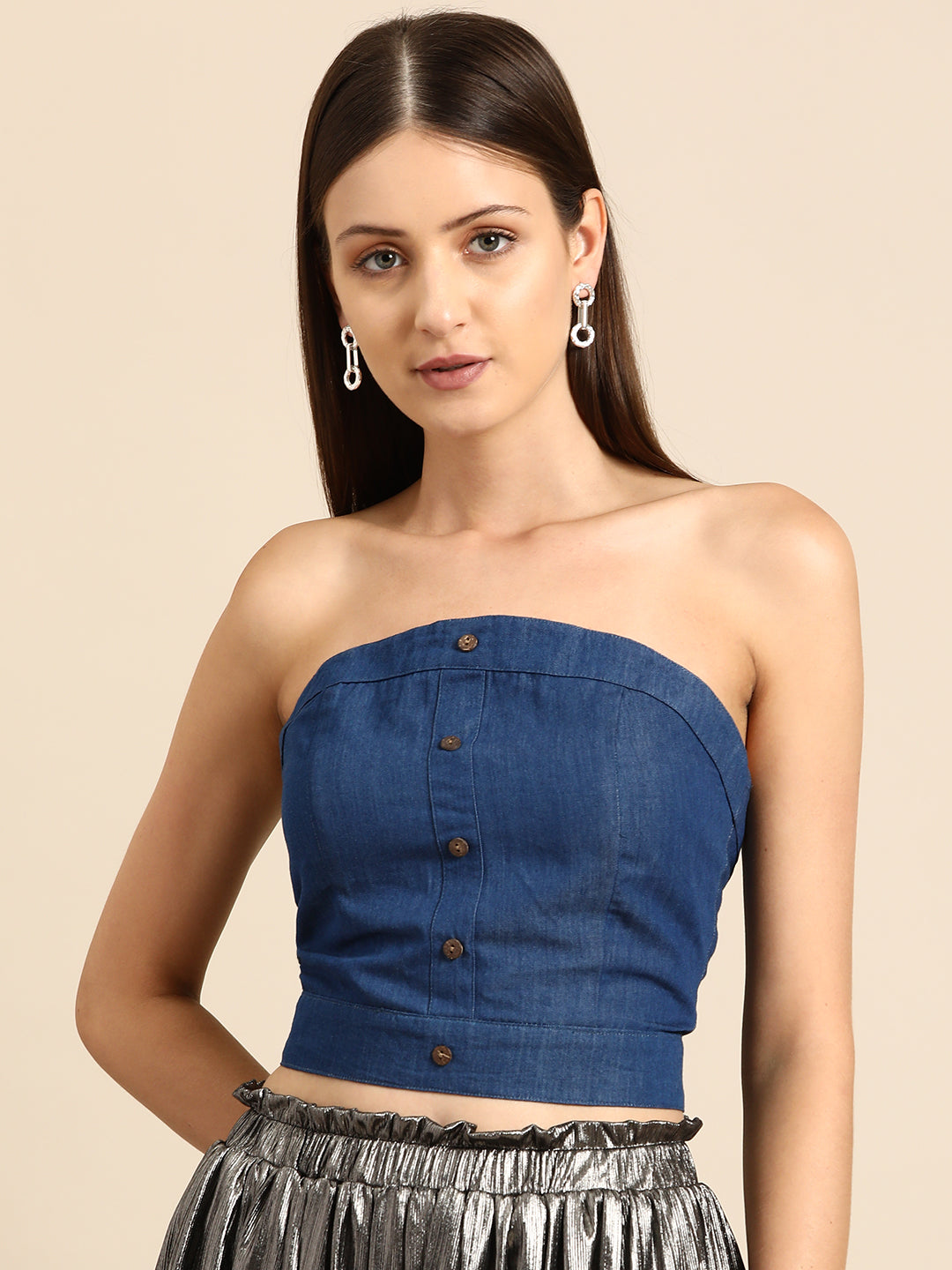 Women’s Strapless Denim Crop Top | Front Button Tube Top