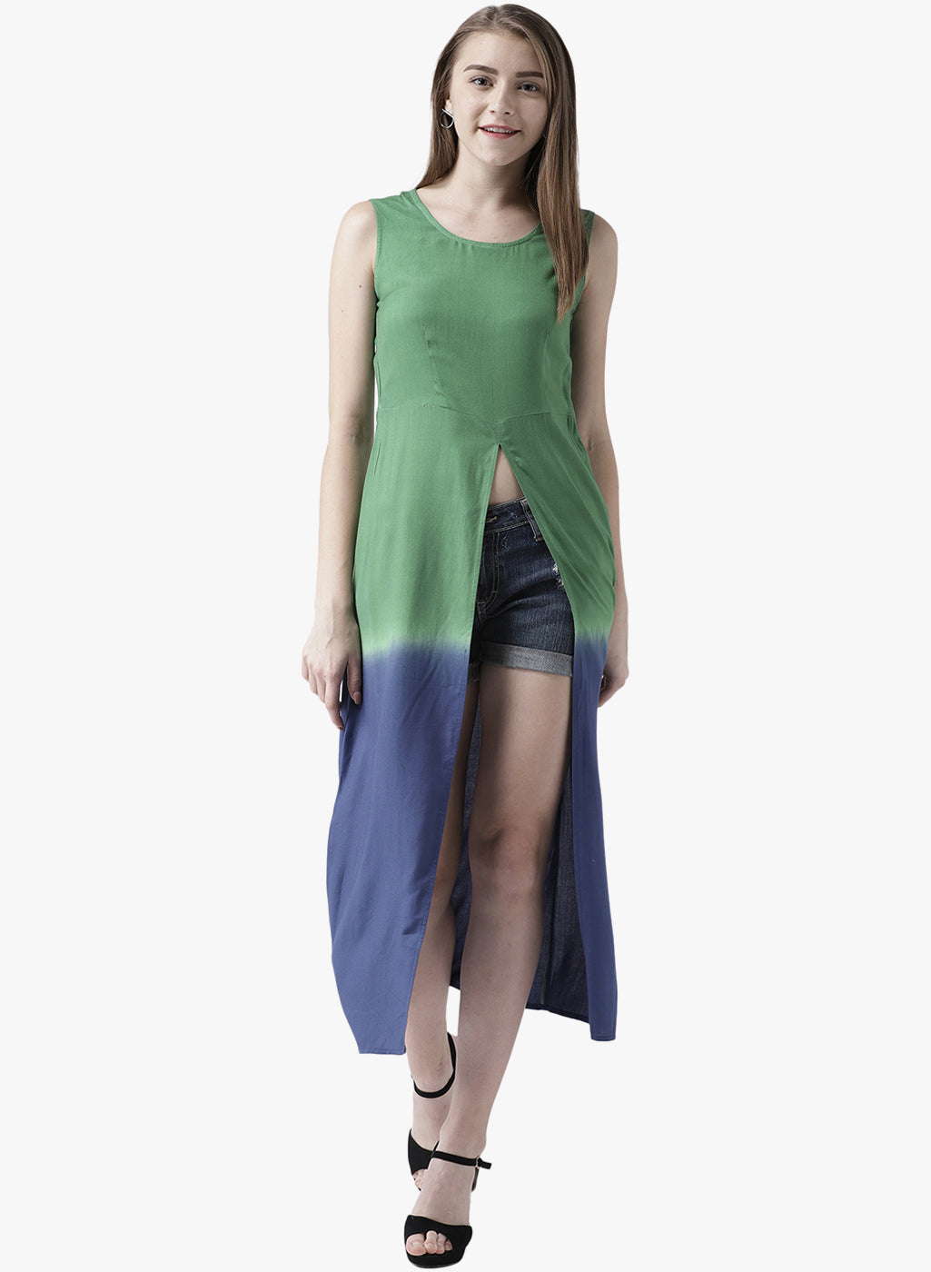 Women's Green and Blue Sleeveless Front Slit Long Kurta for Casual Fusion Look