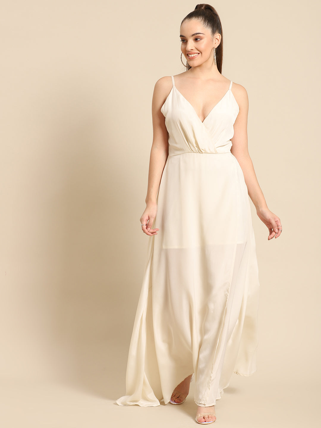 Ivory White Spaghetti Strap Maxi Dress for Women – Flowy V-Neck Gown for Parties & Weddings
