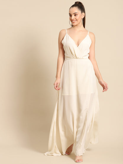 Ivory White Spaghetti Strap Maxi Dress for Women – Flowy V-Neck Gown for Parties & Weddings