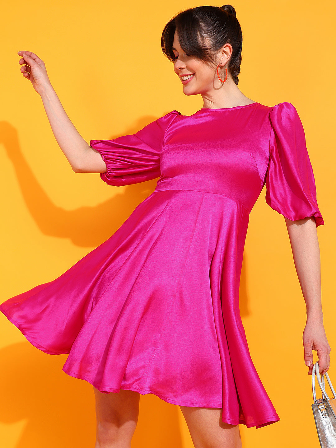 Pink Satin Flare Mini Dress for Women Puff Sleeve Party Outfit