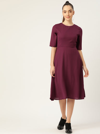 Wine A-Line Midi Dress with Half Sleeves