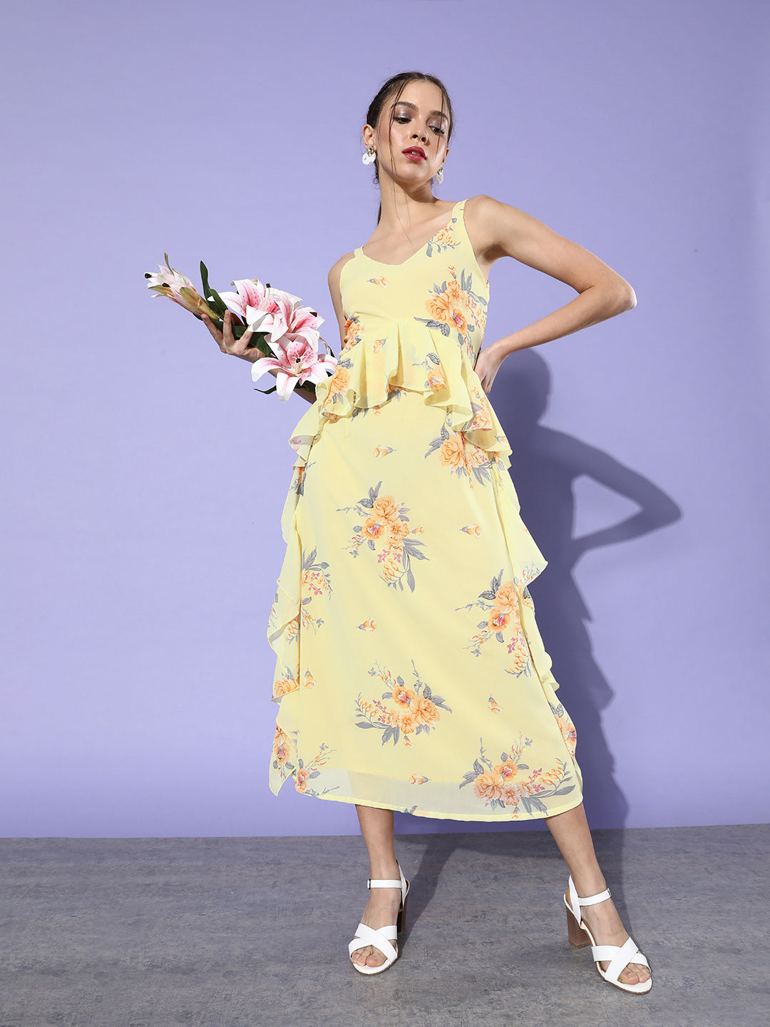 Pastel Yellow Floral Ruffle Midi Dress Elegant Summer Vibes