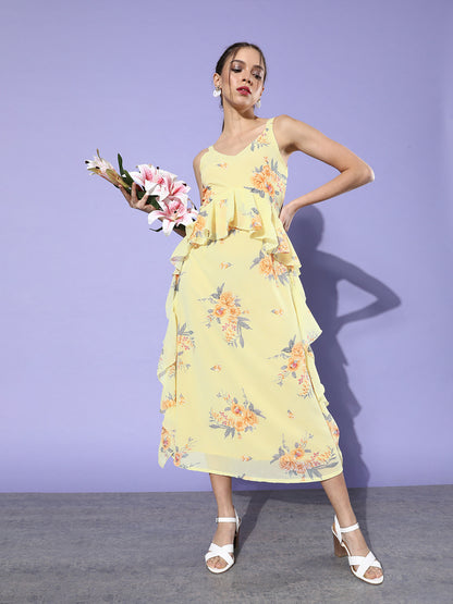 Pastel Yellow Floral Ruffle Midi Dress Elegant Summer Vibes