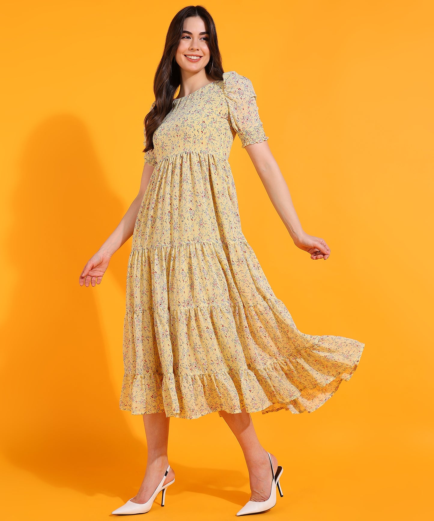Yellow Floral Midi Dress with Puff Sleeves – Casual Summer Boho Dress for Women