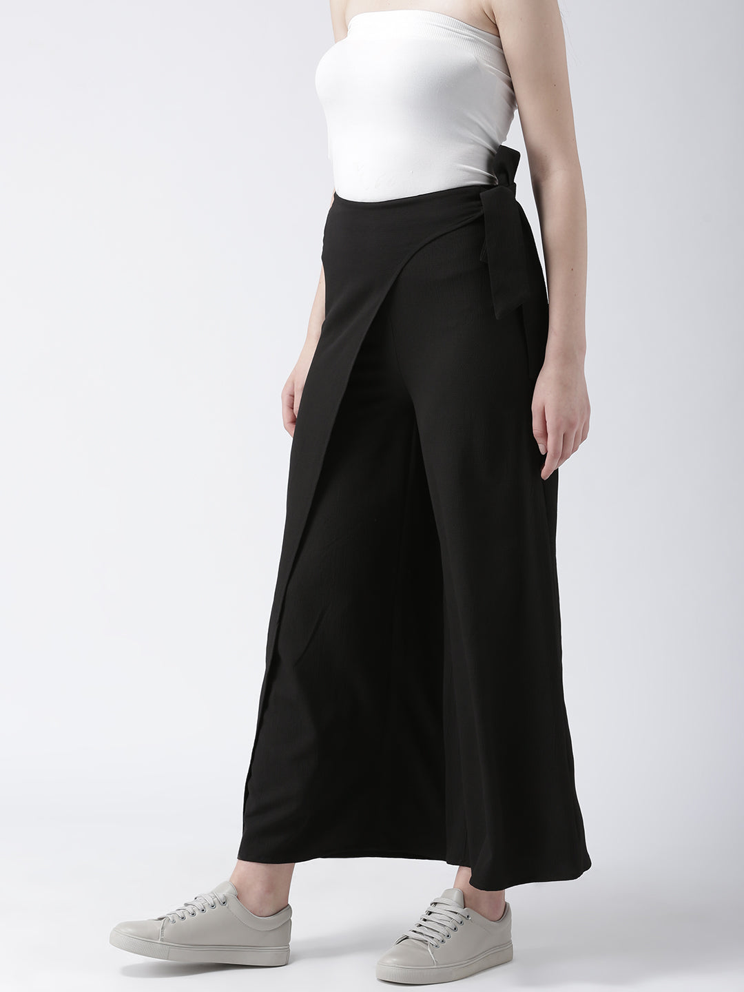 Black Wrap Style Wide Leg Trousers for Women