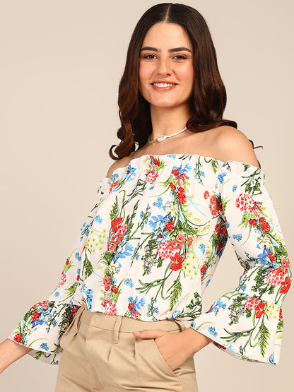 White Floral Off Shoulder Top for Women with Bell Sleeves
