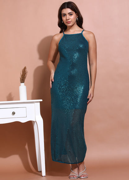 Elegant Teal Sequin Bodycon Maxi Dress for Women Party Wear