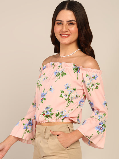 Peach Floral Off Shoulder Top for Women with Bell Sleeves