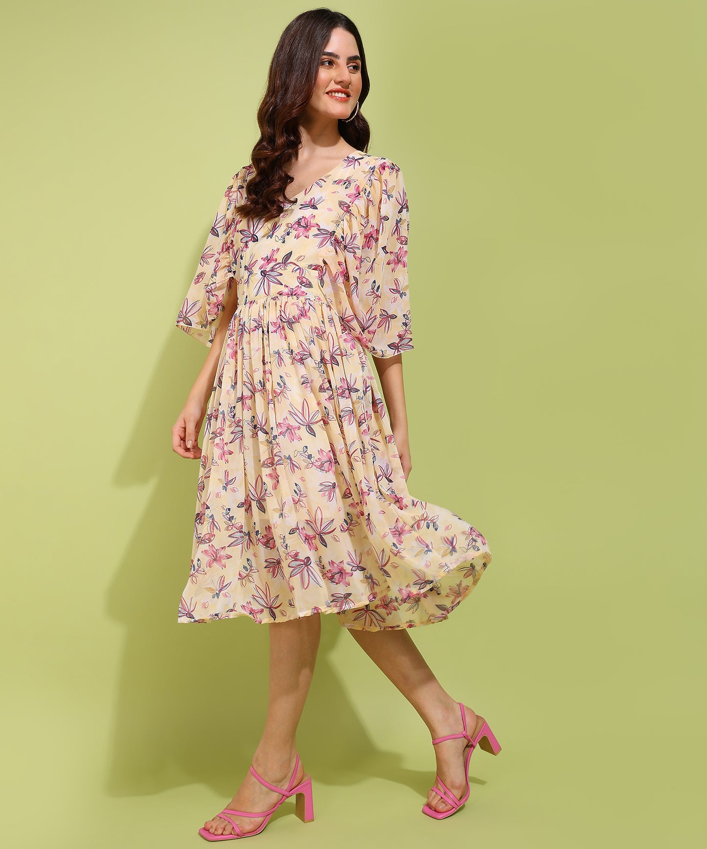 Women's Yellow Floral Midi Dress – Light & Flowy Summer Outfit