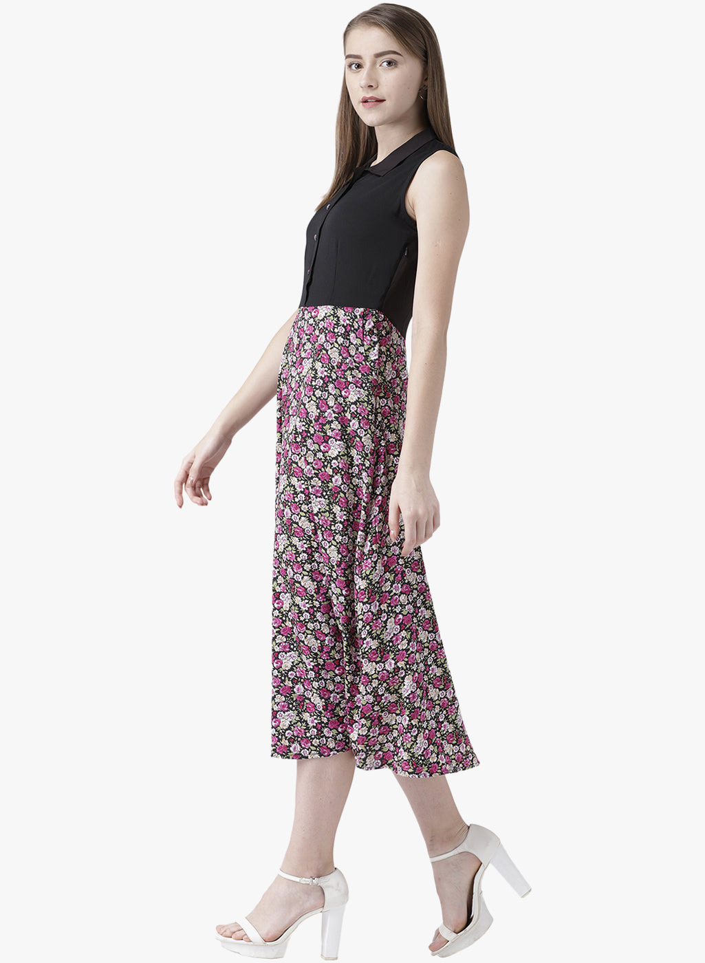 Women's Sleeveless Black and Floral Midi Dress