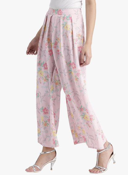 Women's Pink Floral Printed Wide-Leg Palazzo Pants with Pleats