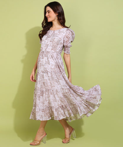 Women's White Printed Puff Sleeve Maxi Dress – Elegant & Flowy