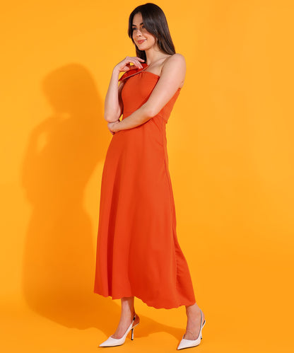 Orange One Shoulder Midi Dress with Bow Detail | Stylish Party Wear for Women