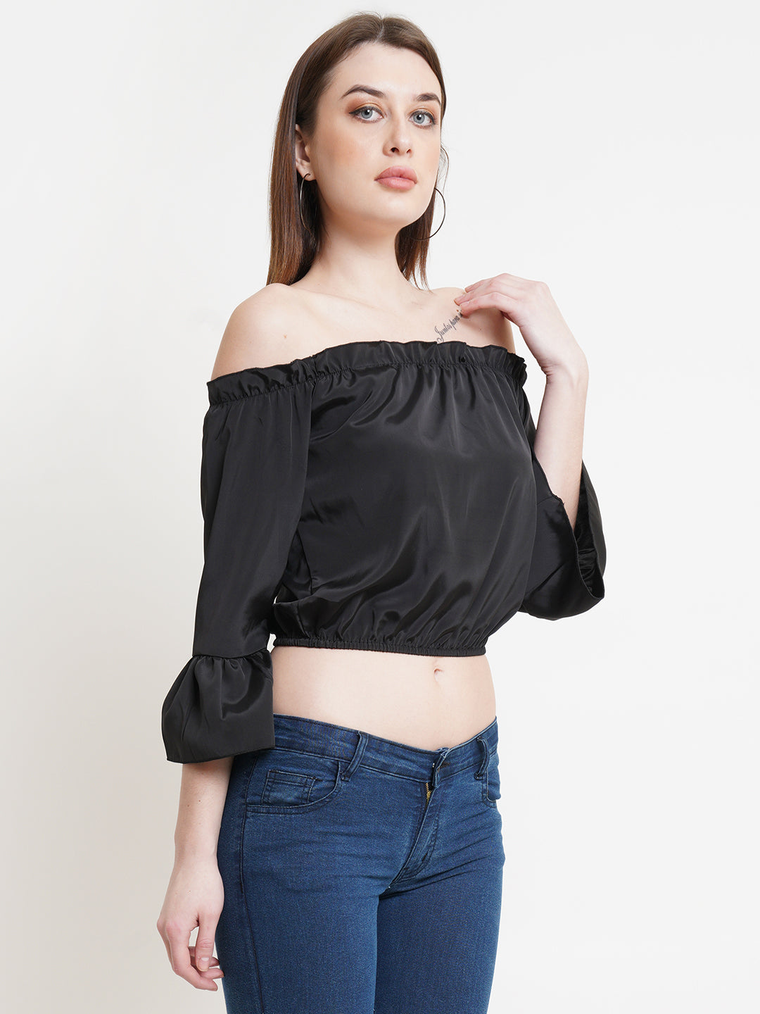 Women's Black Off-Shoulder Satin Crop Top with Flared Sleeves