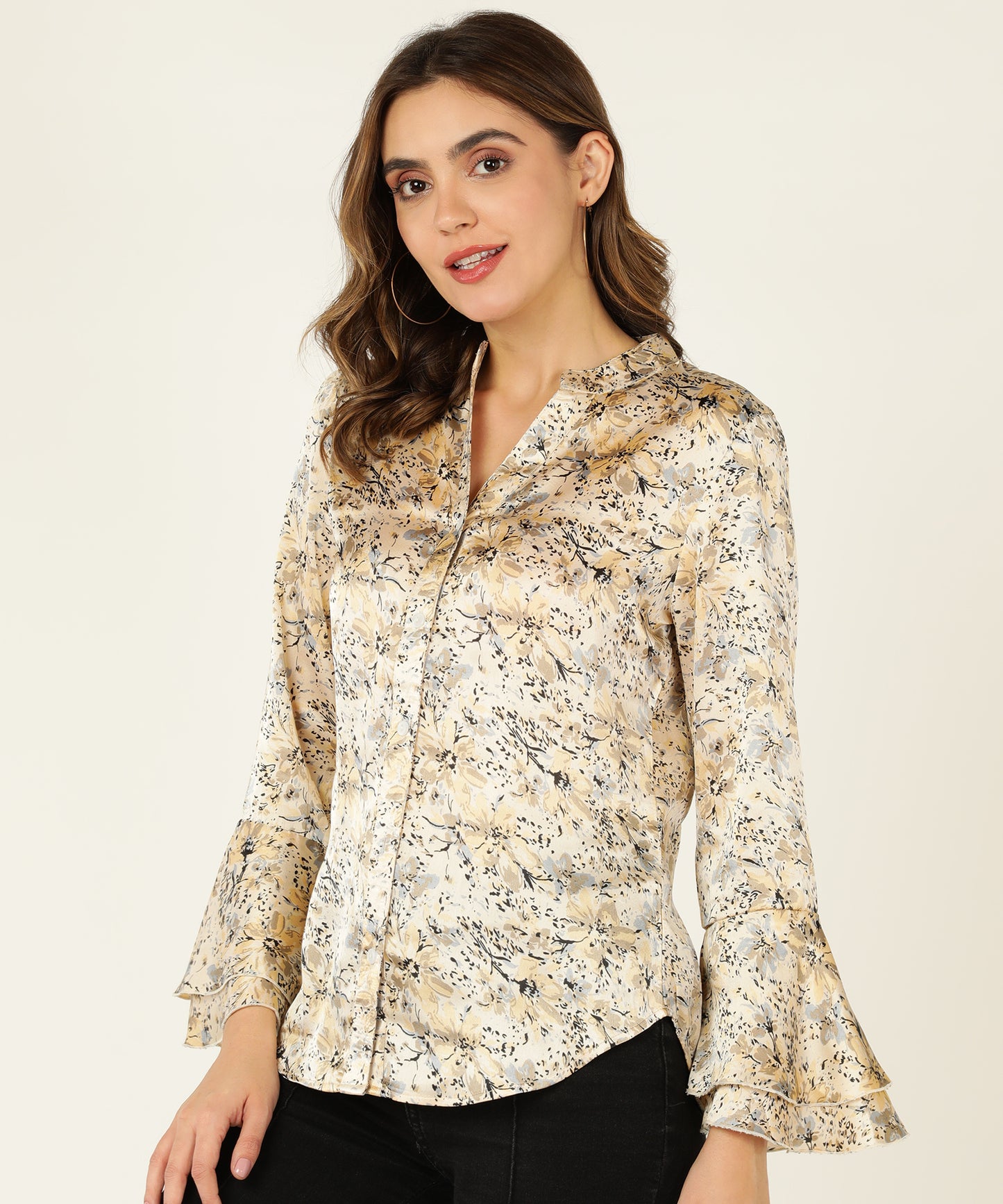Women's Beige Satin Floral Print Shirt with Flared Sleeves