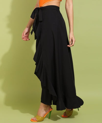 Black Ruffled High-Slit Maxi Skirt with Tie Waist – Elegant and Flowy