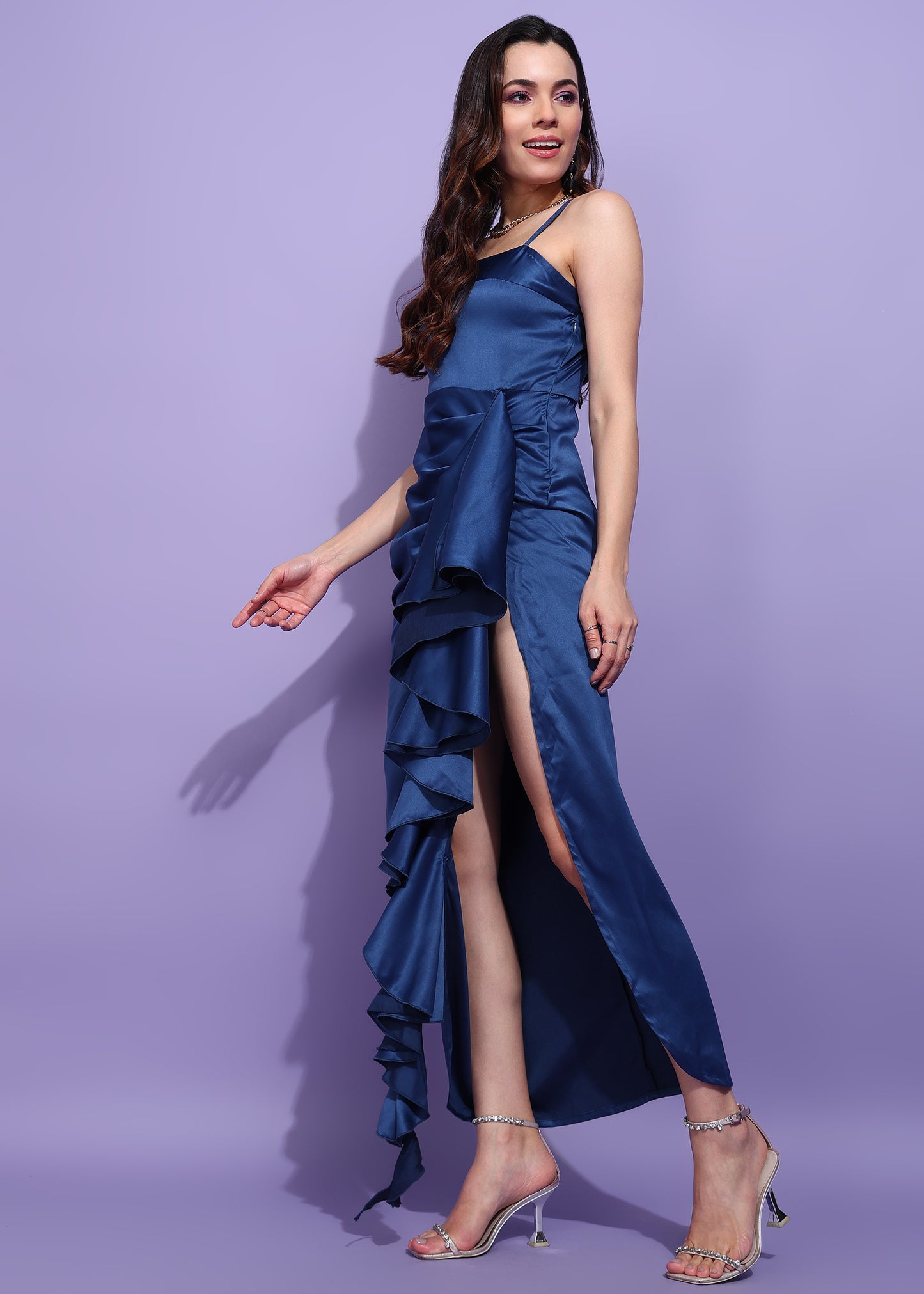Women’s Navy Blue Satin Ruffle Slit Evening Gown