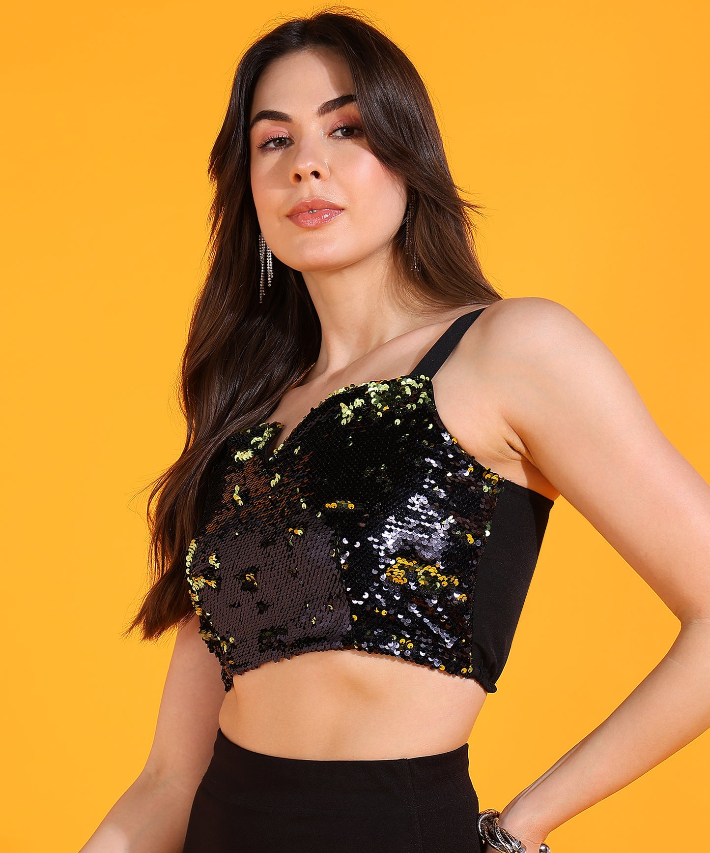 Black Sequin Sleeveless Crop Top for Women – Party Wear