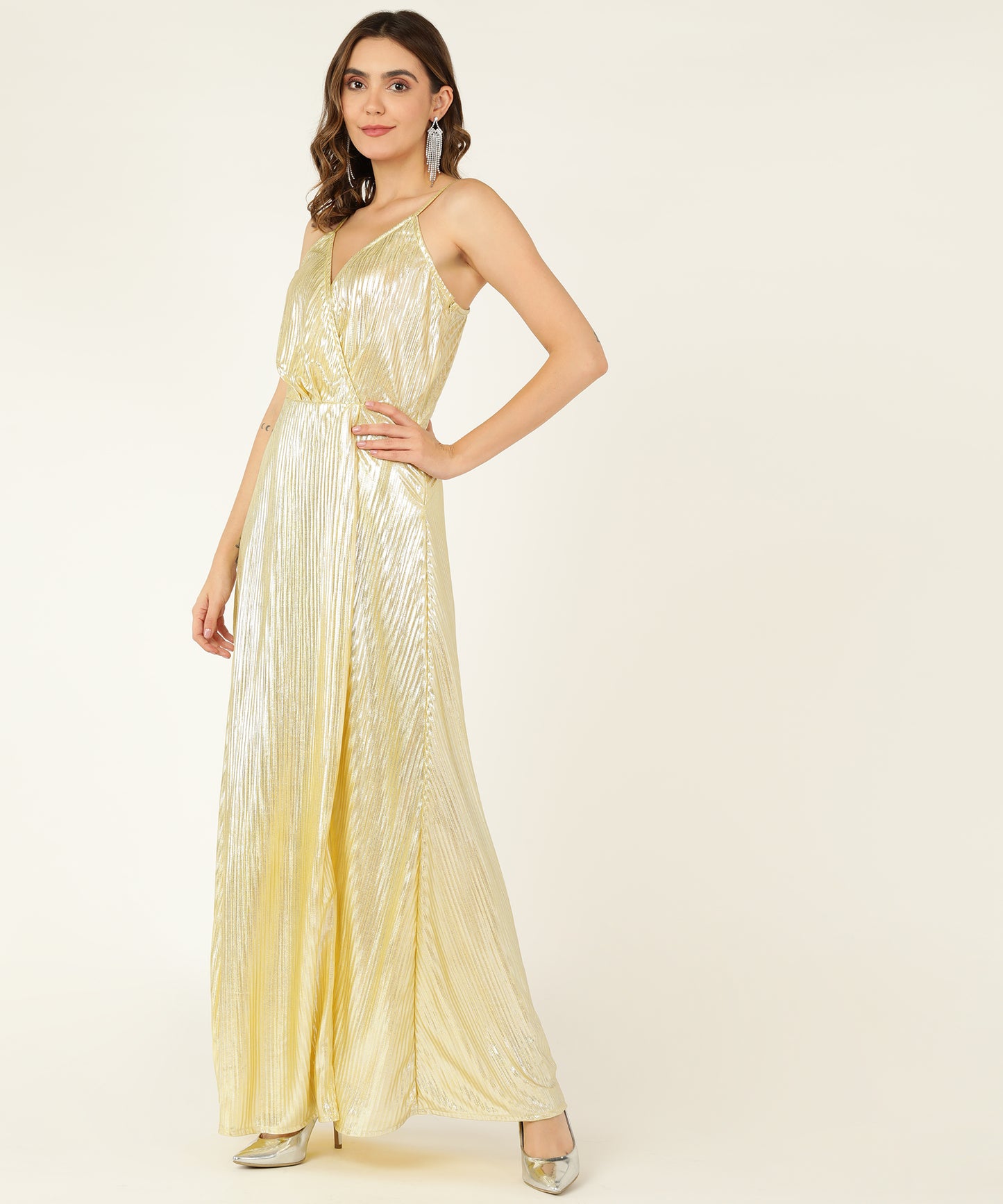 Elegant Gold Metallic Pleated Dress with V-Neck and Spaghetti Straps