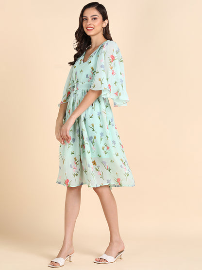 Floral Mint Green A-Line Midi Dress with Bell Sleeves – Summer Casual Dress for Women