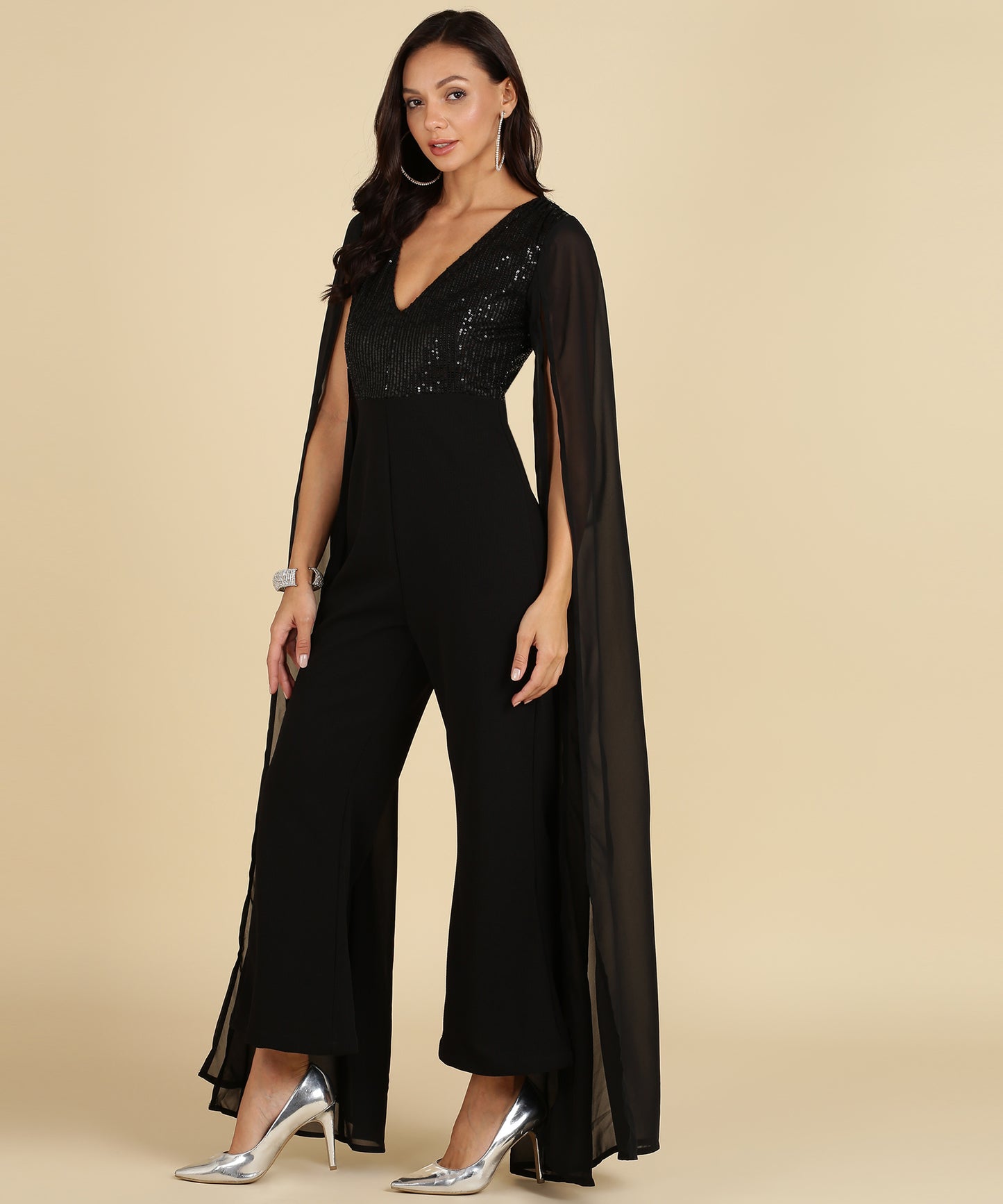 Black Sequin Glam Jumpsuit with Cape Sleeves – Party Night Ready