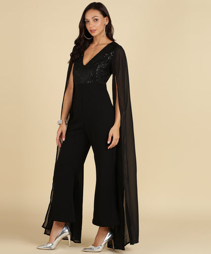 Black Sequin Glam Jumpsuit with Cape Sleeves – Party Night Ready