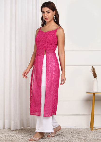 Women's Pink Lace Long Kurti | Stylish Party Wear Set