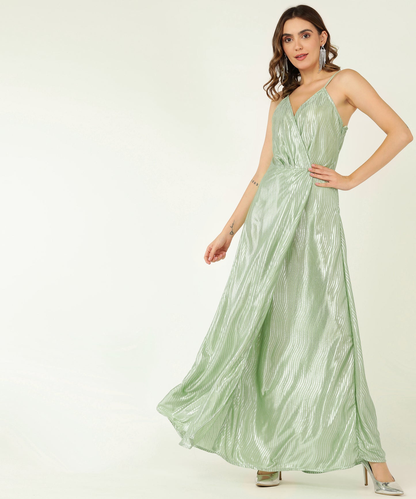 Mint Green Metallic Maxi Dress with Spaghetti Straps and Draped Neckline