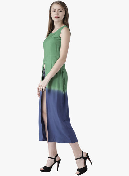 Women's Green and Blue Sleeveless Front Slit Long Kurta for Casual Fusion Look