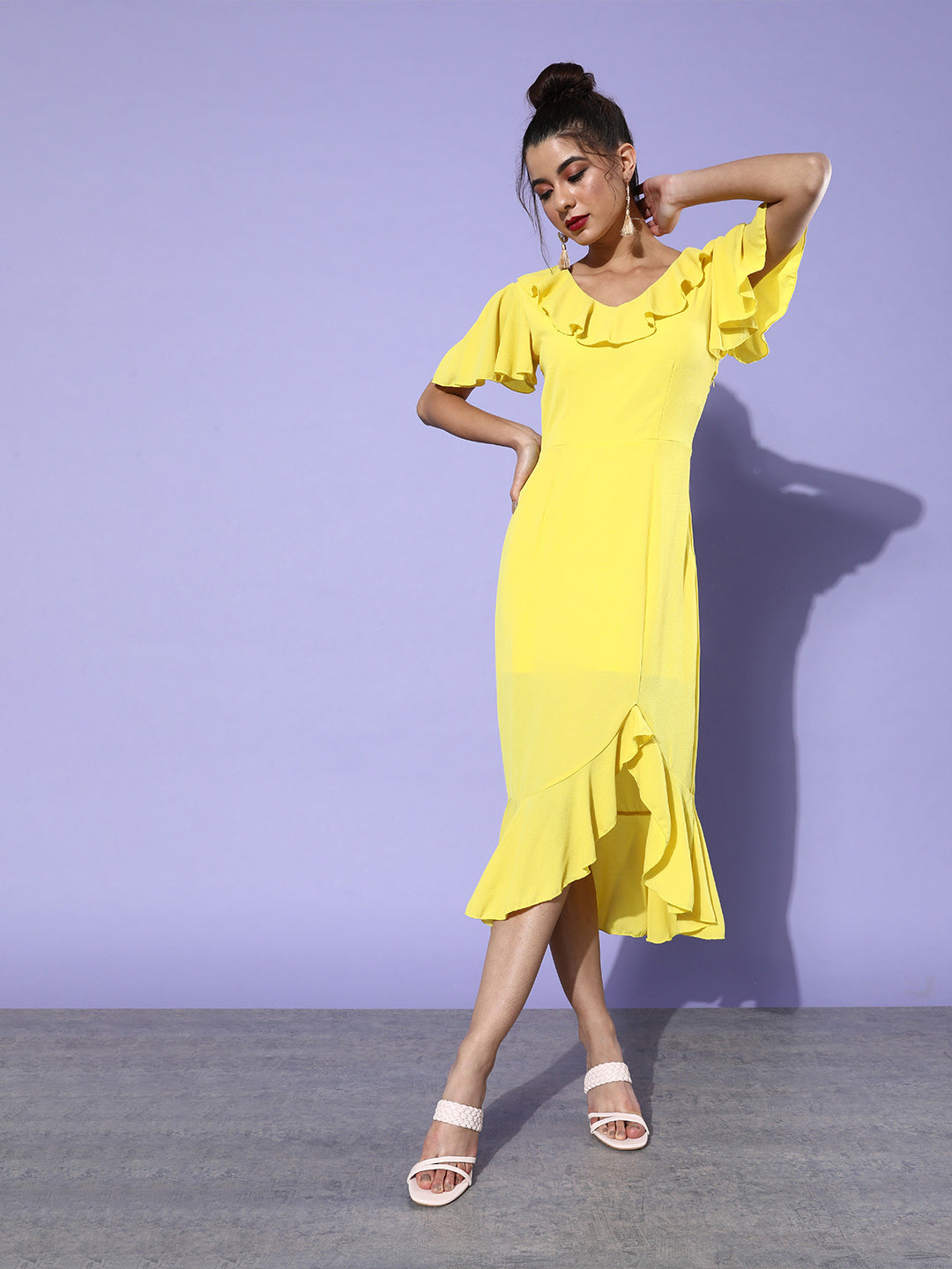 Bright Yellow Ruffle Midi Dress for Women Elegant & Flowy Summer Style