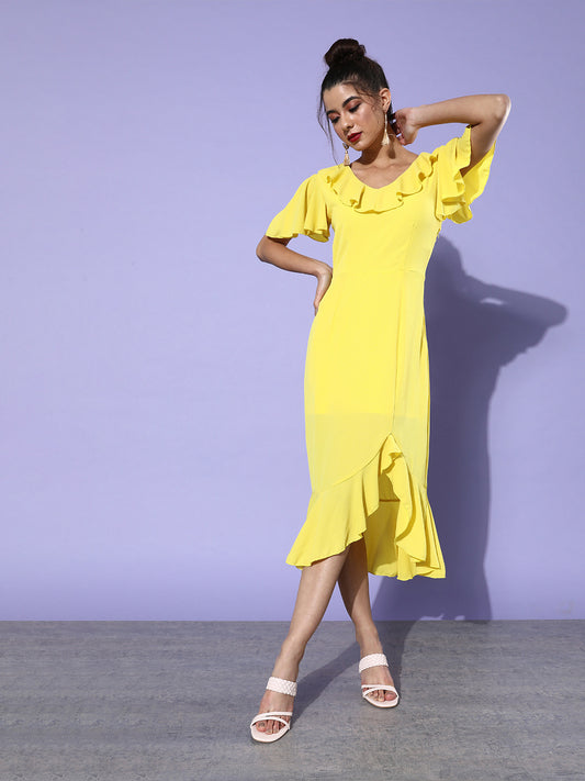 Bright Yellow Ruffle Midi Dress for Women Elegant & Flowy Summer Style
