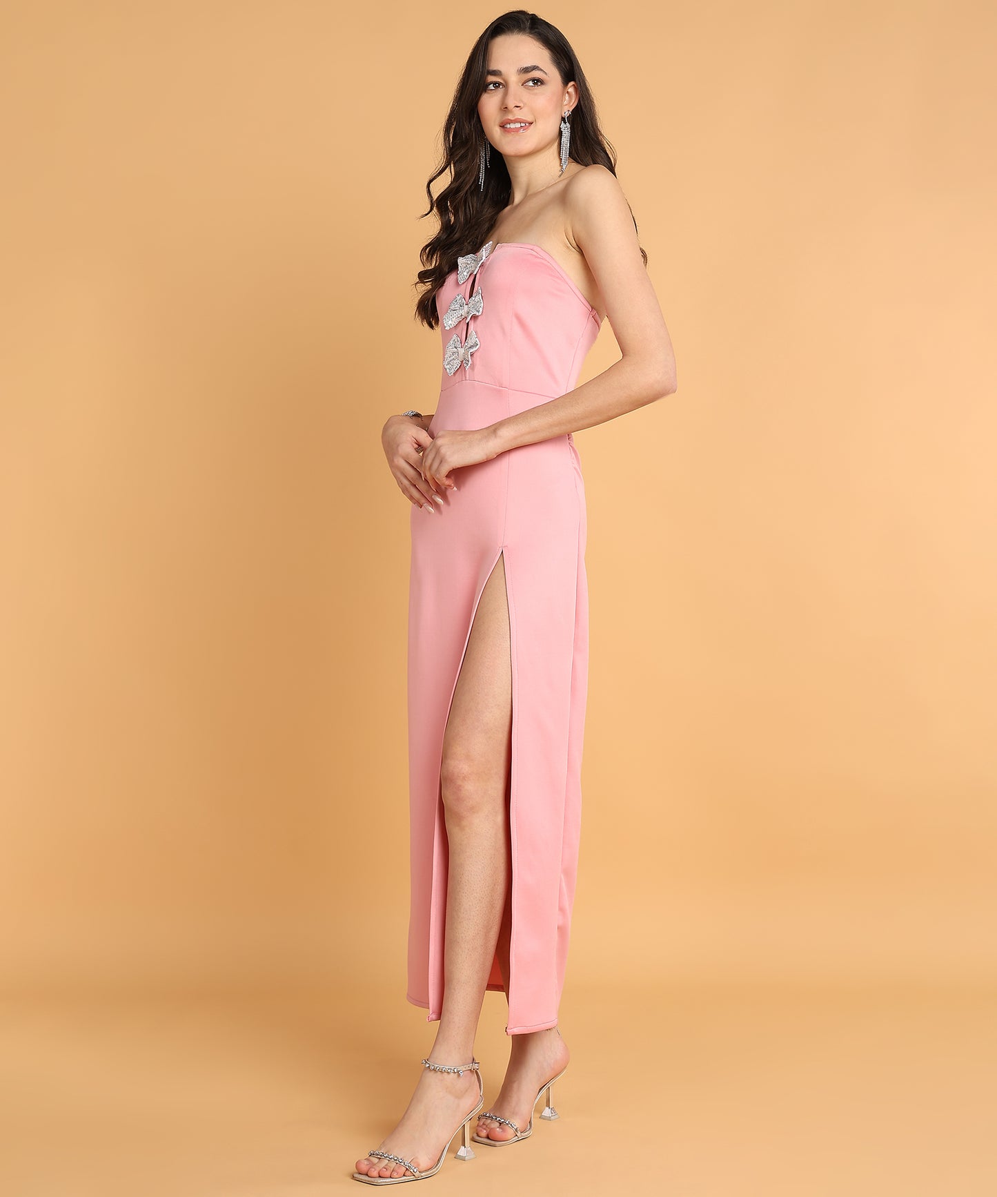 Pink Strapless Slit Dress with Bow Embellishments for Women
