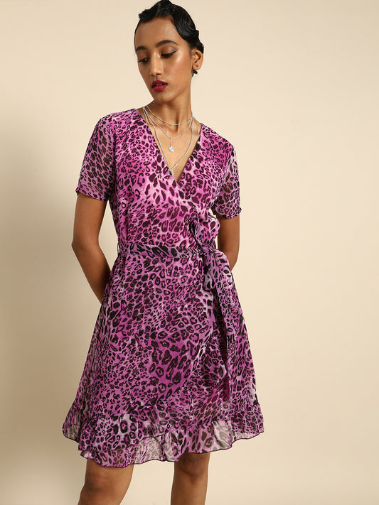 Purple Leopard Print Wrap Dress for Women with Ruffle Hem and V-Neck