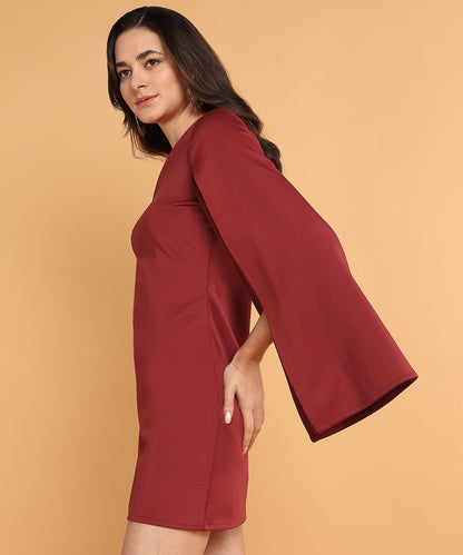 Maroon One-Shoulder Bodycon Mini Dress with Flared Sleeve for Women