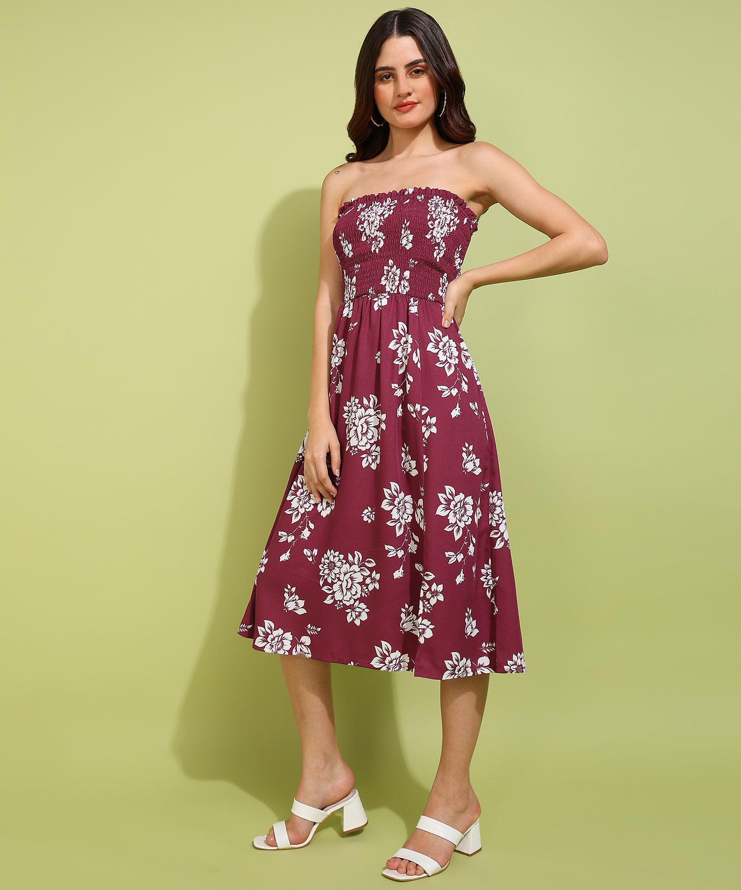 Women's Maroon Floral Strapless Smocked Midi Dress – Casual Summer Outfit