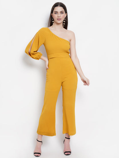Mustard Yellow One-Shoulder Jumpsuit with Slit Sleeve – Elegant Party Wear