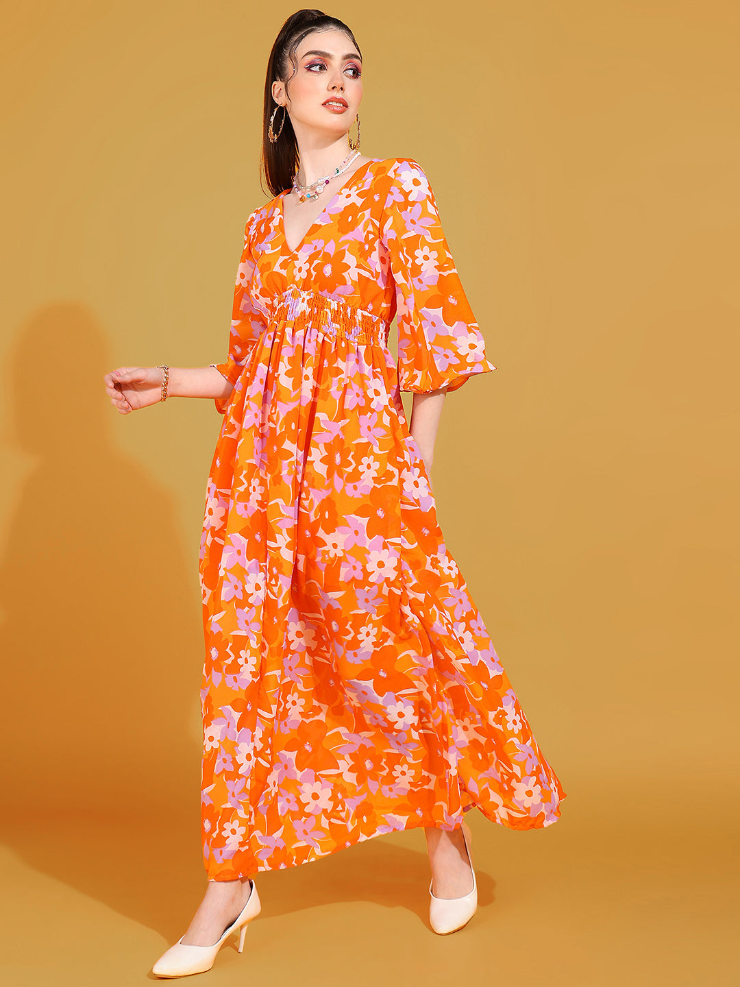 Women's Orange Floral Print Maxi Dress with V-Neck and Flared Sleeves