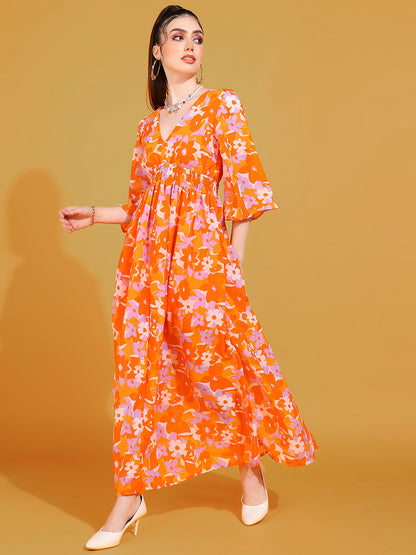 Women's Orange Floral Print Maxi Dress with V-Neck and Flared Sleeves