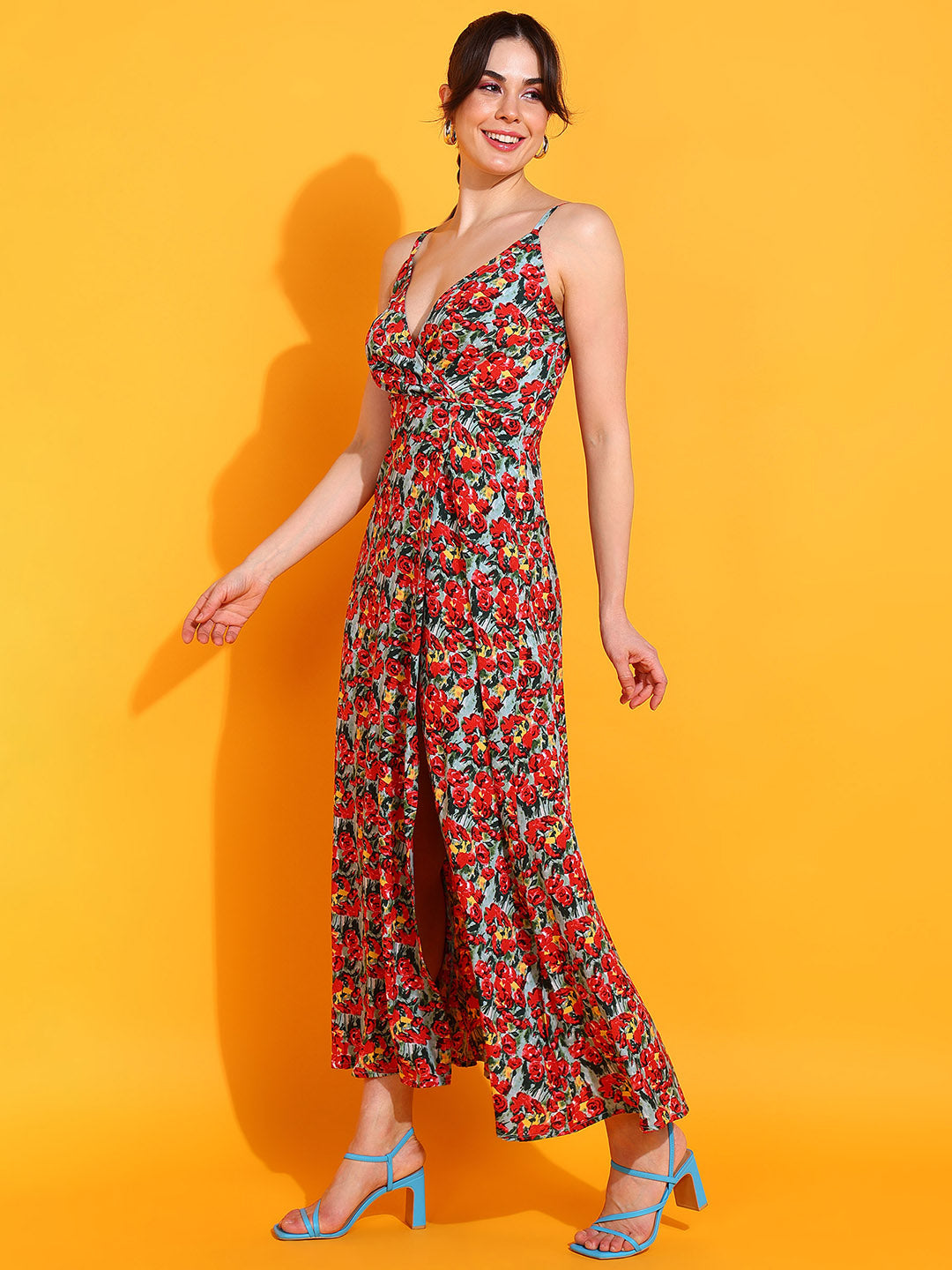 Red Floral Maxi Dress for Women with Slit and Spaghetti Straps