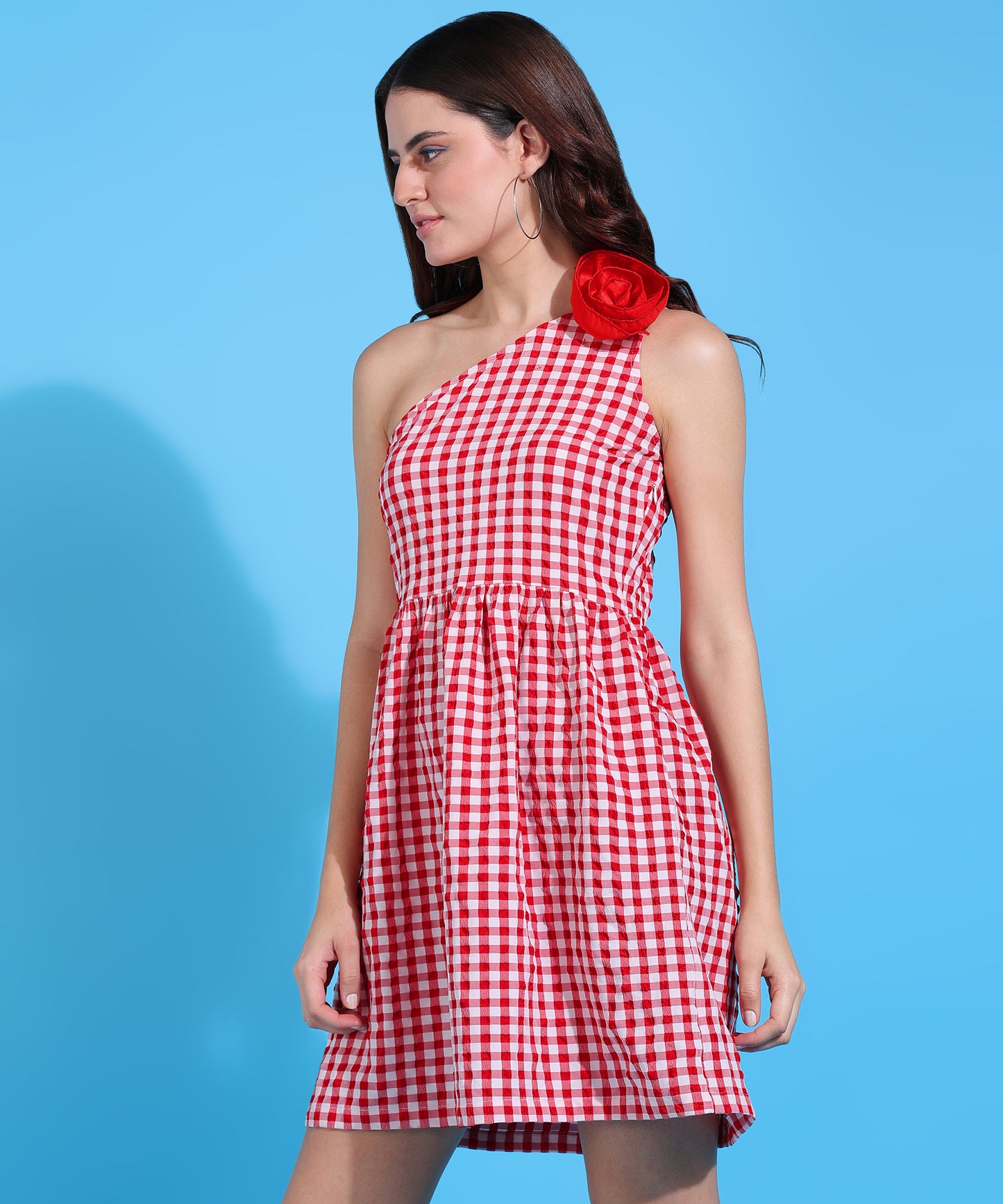 Women’s Red White Check One Shoulder Mini Dress with Floral Detail