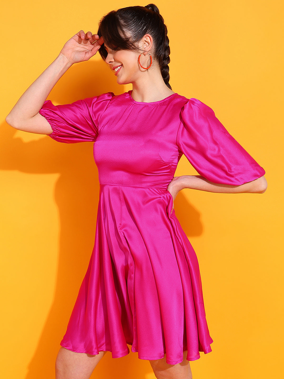 Pink Satin Flare Mini Dress for Women Puff Sleeve Party Outfit