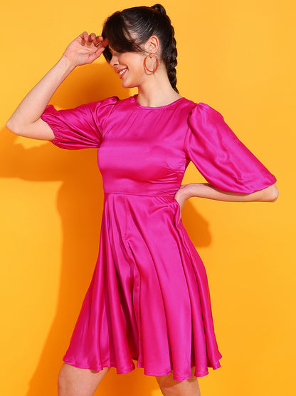 Pink Satin Flare Mini Dress for Women Puff Sleeve Party Outfit
