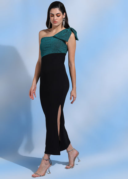 Women Green Glitter Color Block One Shoulder Sheath Dress with Side Slit