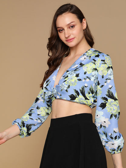 Women's Blue Floral Twist-Front Crop Top with Long Sleeves – Trendy Summer Blouse