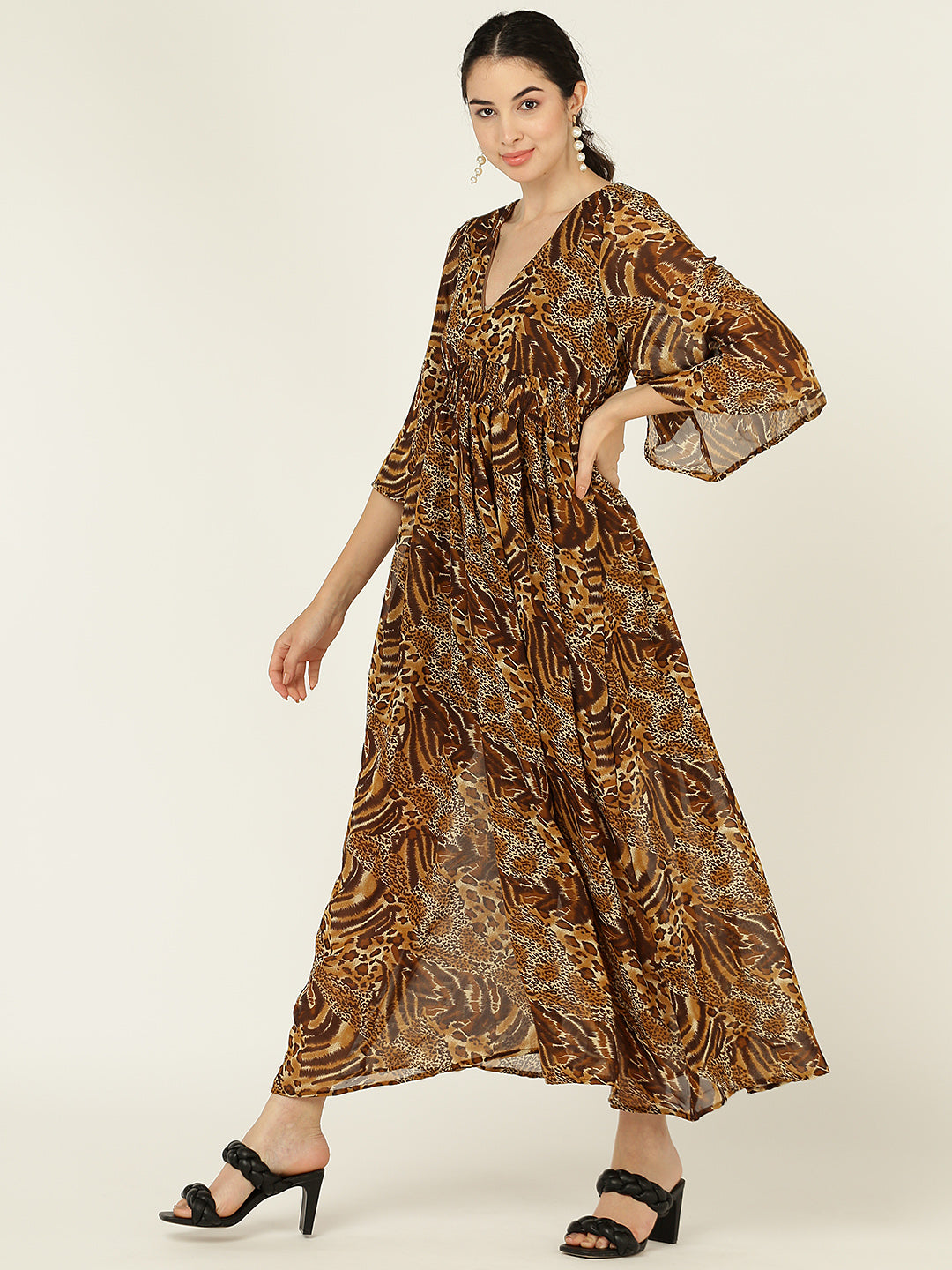 Animal Print Brown Flowy Maxi Dress for Women with Flared Sleeves