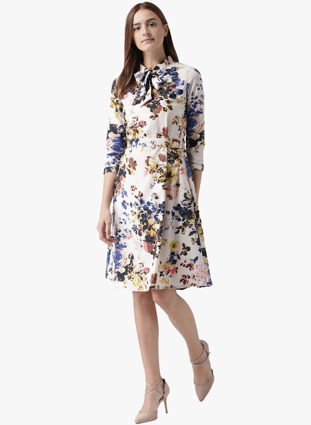 Women's Floral Fit and Flare Dress with Bow Tie Neck and 3/4 Sleeves