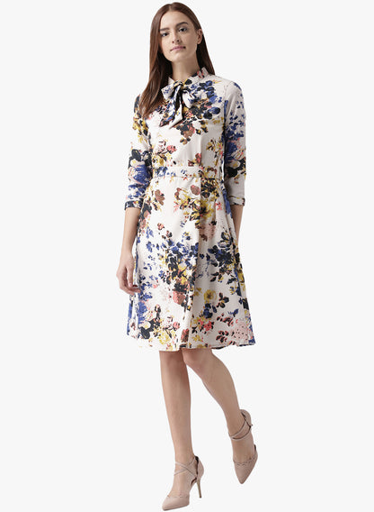Women's Floral Fit and Flare Dress with Bow Tie Neck and 3/4 Sleeves